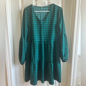 Green and Black Gingham V-Neck Tiered Dress